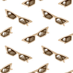 Watercolor hand-drawn illustration of retro brown sunglasses arranged in a seamless repeating pattern on a white background. Ideal for textile, wallpaper, packaging, summer cards and decoration.