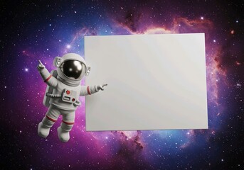 astronaut pointing a big blank whiteboard or placard, cartoon 3D illustration, isolated on white background