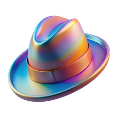 A 3d rendered iridescent fedora hat isolated on transparent background