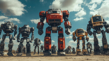 Concept of global invasion of different types of robots , transformers, landing on the planet, viewed from the ground in a dramatic sci-fi stock style scene with advanced technology,future atmosphere