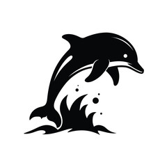 Dynamic dolphin leaping through a water splash in a bold black silhouette