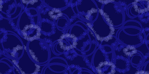 Deep seamless vector pattern with abstract oval shapes on a dark navy background, accented with textured blue dots. Dynamic and simple modern design, suitable for fabric, wrapping paper, digital