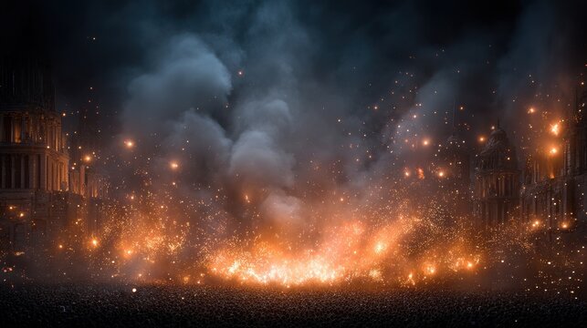 Riot captured as an emotional firestorm with sparks igniting synchronized movement and sound in a large crowd at night