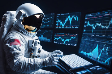 Astronaut Analyzing Stock Data on Monitors. Generative AI.