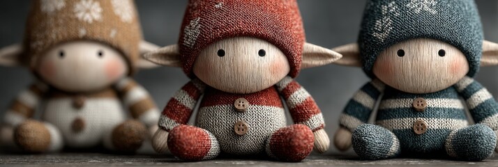 Cozy holiday decor featuring handmade dolls in festive outfits and hats displayed on a textured surface
