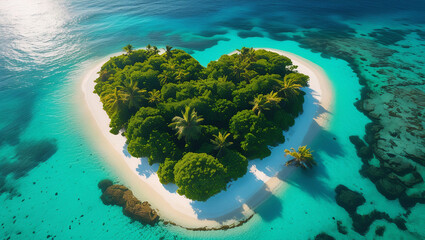 Drone shot of a heart-shaped island surrounded by vibrant blue ocean. Great for romantic travel, resort advertising, and breathtaking landscape visuals.