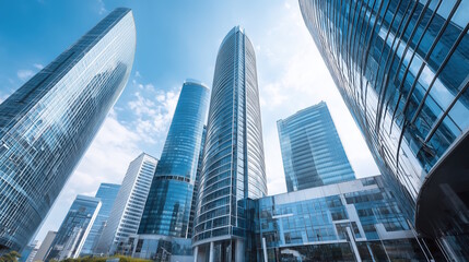 Obraz premium Modern skyscrapers with glass facades reaching towards a bright blue sky, showcasing architectural design and urban development in a bustling city environment