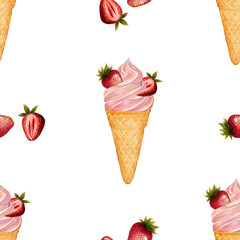 Strawberry ice cream cones and whole strawberries. Hand-drawn illustration. Watercolor seamless pattern on white background. Suitable for postcards, packaging, textile, wallpaper, and decor