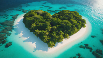 Heart island with lush trees and crystal clear shallow sea from above. Ideal for destination marketing, wedding concepts, and exotic vacation promotions.