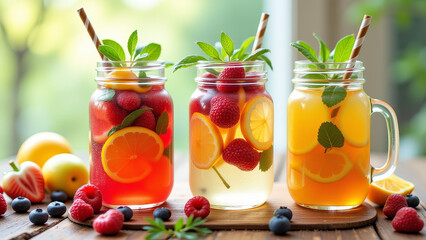 Fototapeta premium Detox infused water with citrus and herbs served in clear glass jars for summer hydration routine