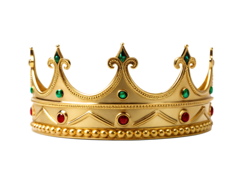 Ornate golden royal crown adorned with red and green jewels on black background