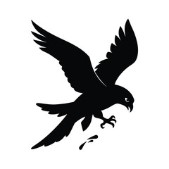 Dynamic silhouette of a falcon in mid dive hunting its unseen prey against a clean background