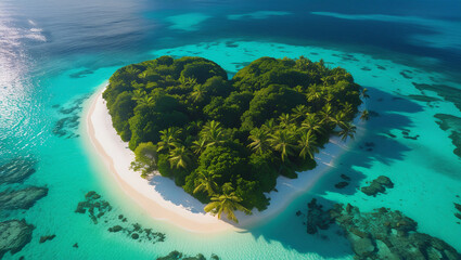 Aerial view of a heart-shaped tropical island with turquoise water and white sand. Perfect for travel brochures, romantic getaways, and paradise themes.