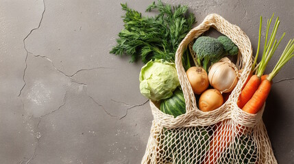 Fresh vegetables in a reusable mesh bag, including carrots, broccoli, lettuce, and onions, arranged on a textured gray surface, promoting sustainable shopping habits and healthy eating