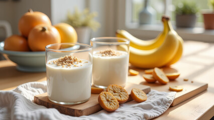 Healthy breakfast with oatmeal banana and yogurt in soft light for weight loss and wellness start