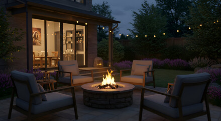 Family enjoying a fire pit in a modern outdoor space at dusk. Relaxing around a fire pit with comfortable patio furniture.