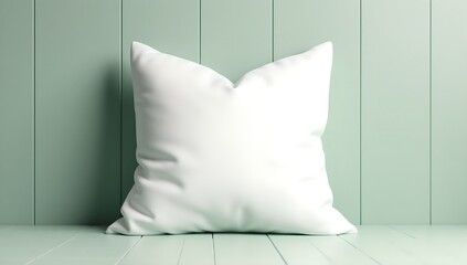 Blank white pillow mockup on a pastel green wooden background