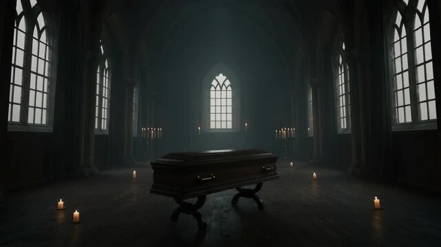 Funeral service with coffin in dark church interior, sorrowful remembrance. Funeral ceremony setup features candles and somber lighting, creating a space for mourning.