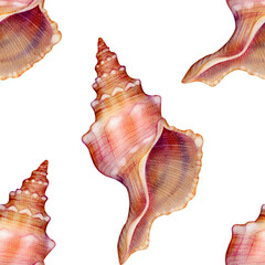 Seashell seamless pattern, watercolor drawing. Perfect for fabrics, packaging, beach-themed designs, wrapping paper, wallpaper, digital scrapbooking, and summer decorations.
