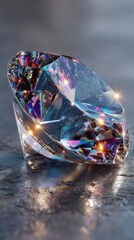 Intricate cut crystal gemstone reflecting light on a textured surface during daylight hours