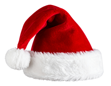 Classic Red Santa Hat with White Fur Trim, Side View, Floating on Transparent Background.