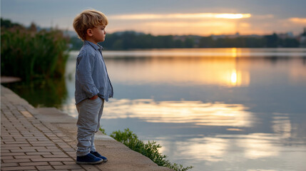 Fototapeta premium Toddler boy by a tranquil lake at sunset