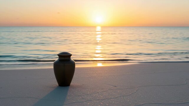 Funeral memorial with cremation urn resting on sandy beach during sunset, creating tranquil scene. Funeral service element offers symbol of remembrance, peaceful farewell, and spiritual transition.
