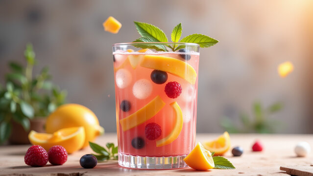 Glass of fruit infused water with citrus and berries served with ice for summer hydration