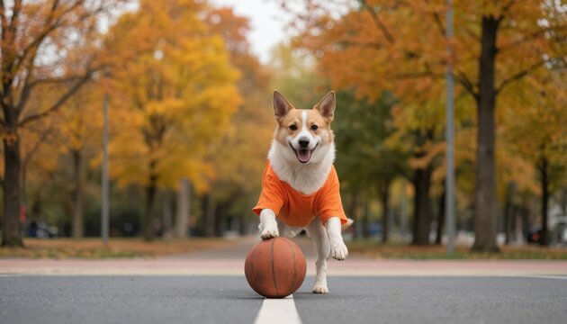 Lively corgi dog wearing orange shirt leaps towards basketball on gray asphalt court in park setting. Trees, lamppost, background. Happy, energetic, playful dog in athletic pose. Dog loves - Powered by Adobe