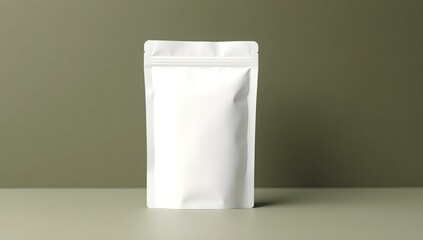 Blank white stand-up pouch on a green background for product mockup