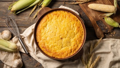 Rustic wooden table set for meal in cozy kitchen scene. Large casserole dish filled with yellow corn casserole accompanied by blue bowl with fresh green beans. White cloth draped over table, wooden