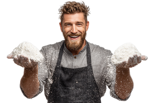 Happy baker shows off flour for baking bread, isolated on a transparent background