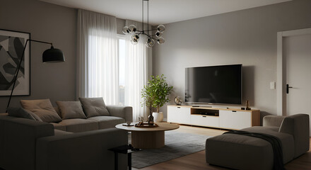 Fototapeta premium Modern living room interior with neutral tones and natural light. Stylish sectional sofa and coffee table arrangement with a minimalist aesthetic.