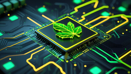 Glowing leaf microchip for sustainable technology concepts. Perfect for eco-innovation branding, corporate presentations, and science communication visuals.