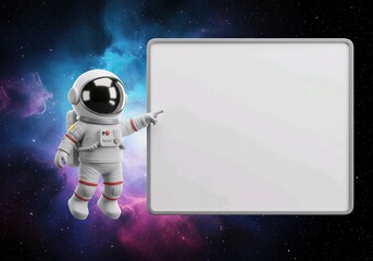 astronaut pointing a big blank whiteboard or placard, cartoon 3D illustration, isolated on white background