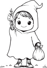 Joyful Sprite with a Gift: A sweet child sprite in a hooded cloak, tenderly holds a sprig in one hand, offering a gift, celebrating a time of sharing and giving.