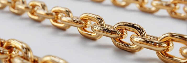 Obraz premium Close-up of shiny gold chain links displayed on white surface showcasing elegant design and craftsmanship