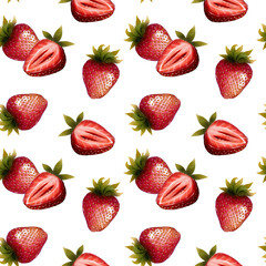 Seamless pattern with whole and sliced strawberries. Watercolor drawing in realistic style. Isolated on white background. Suitable for fabric, packaging, birthday card, or wedding design.