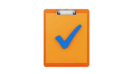Bright orange clipboard with a blue checkmark symbol indicating completion or success isolated on transparent background
