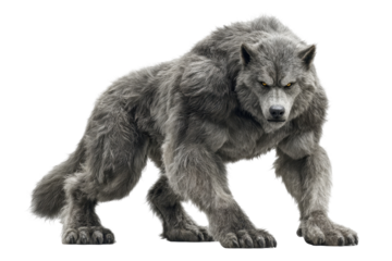 Powerful Gray Wolf 3D Render Fierce Eyes Strong Muscles, isolated on a transparent background