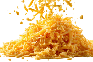 Grated cheddar cheese falling on pile delicious dairy product, isolated on a transparent background