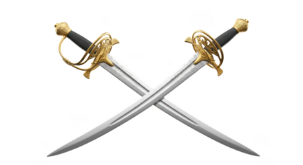 Two ornate antique sabers with golden ornate hilts crossed in an x shape on a black background isolated on transparent background