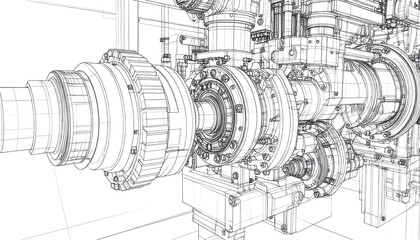 Detailed wireframe schematic of industrial machinery, showcasing intricate internal components and connections