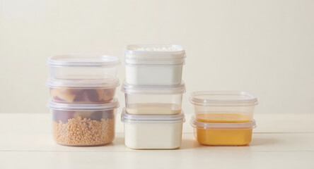 Plastic food containers with grains and liquids prepared for portion control and diet planning