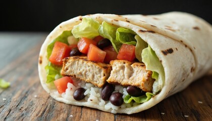 Close-up of grilled chicken burrito with fresh lettuce, tomatoes, black beans, white rice. Creamy tortilla wrap. Served on wooden surface, offering fresh, delicious meal. Perfect for food blogs,