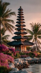 Traditional Multi-tiered Pagoda Surrounded by Tropical Palm Trees and Vibrant Pink Flowers at Sunset