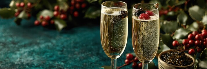 Bubbly drinks with berries and greenery on a vibrant backdrop for a festive celebration