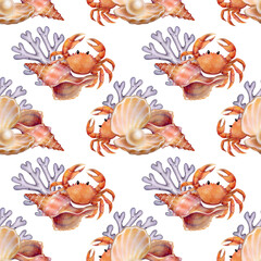 Watercolor illustration of orange crabs with seashells and corals in seamless pattern on white background. Perfect for textile, wallpaper, wrapping paper, packaging and cards.