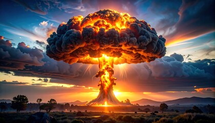 Dramatic mushroom cloud rising from a fiery explosion at sunset