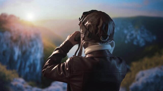 Child wearing a leather flight jacket and pilot cap gazes through binoculars at distant mountains in the warm evening light.